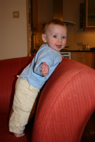 Nate standing on sofa